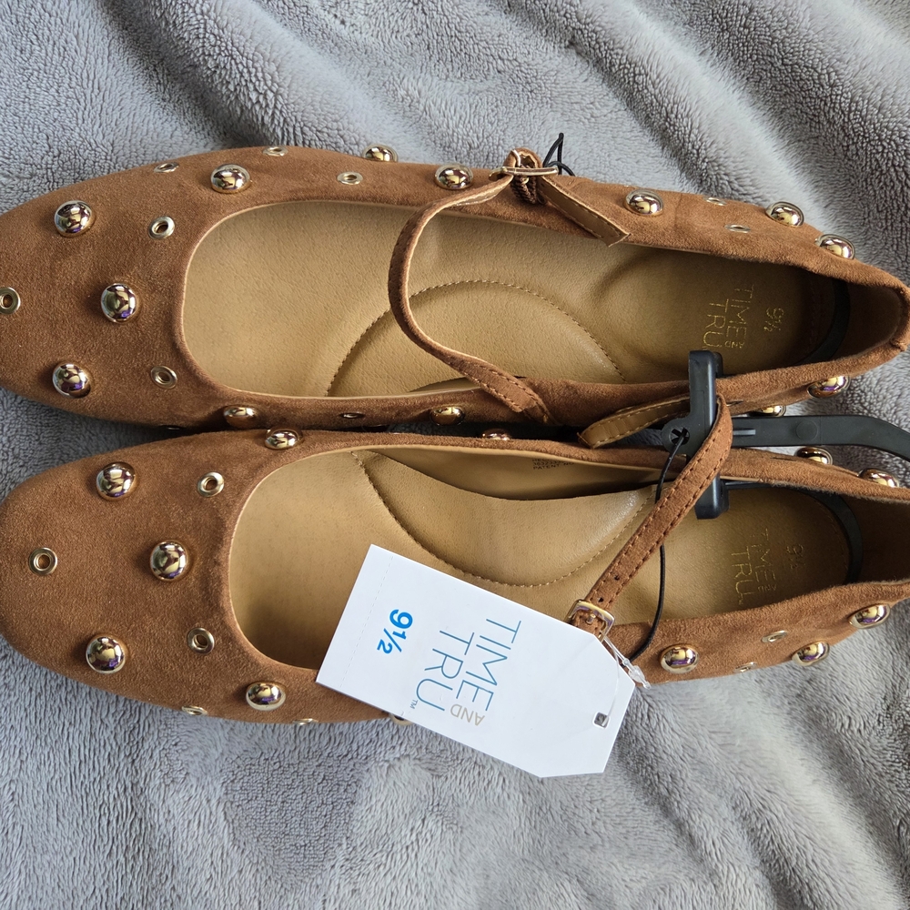 Time and Tru Tan Studded Mary Jane Flats